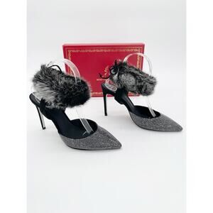 Rene Caovilla Mink Fur Strass Ankle Strap Pointed Toe Heeled Pumps Black IT 38.5
